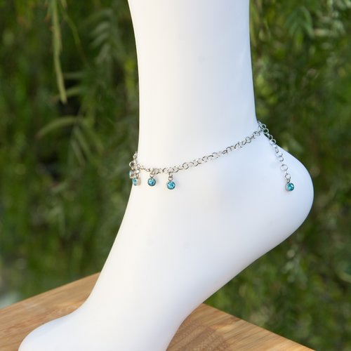 Bracelet de cheville acier inoxydable et cristaux bleus 24 cm bijoux femme assembler mains déstockage "coralina"