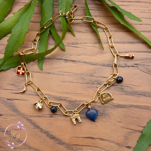 Collier "paris se balade" code : destock50 acier 316l et lapis lazuli 42 cm bijoux femme assembler mains (a885)