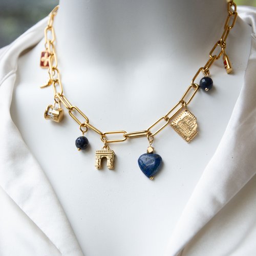 Collier "paris se balade" acier doré et lapis lazuli 42 cm bijoux femme assembler mains (a885)