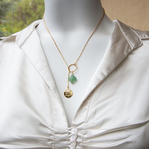 Collier "le chemin de la chance" acier 316l et aventurine 40 cm bijoux femme assembler mains (a884)