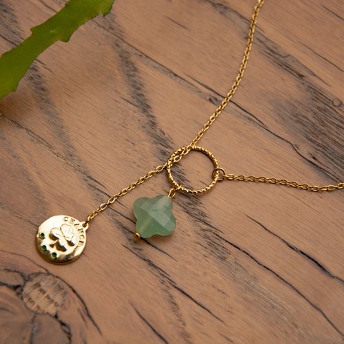 Collier "le chemin de la chance" code : destock50 acier 316l et aventurine 40 cm bijoux femme assembler mains (a884)