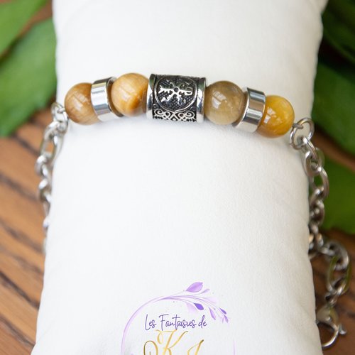 Bracelet homme œil de tigre acier "rune protectrice" 18 à 22 cm bijoux homme assembler mains (a882)