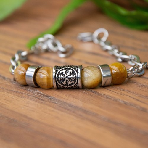 Bracelet "rune protectrice" code : destock50 acier 316l et oeil de tigre 18 cm bijoux homme assembler mains (a882)