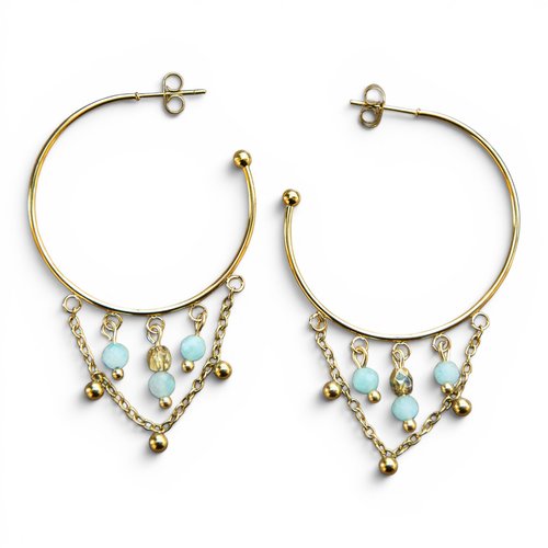 Créoles "ivana" acier 316l et amazonite 36 mm bijoux femme assembler mains (a646)