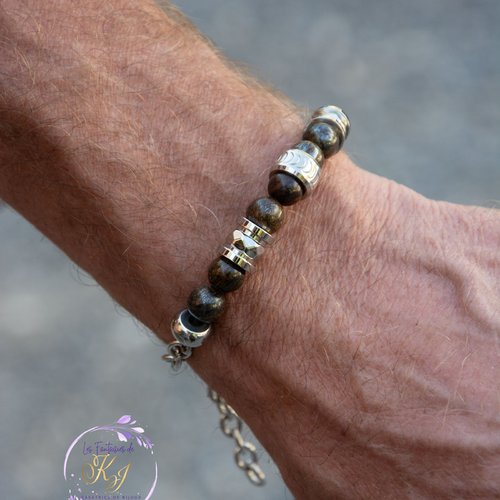Bracelet "thorin" acier et bronzite 17-22 cm bijoux homme assembler mains (a759)