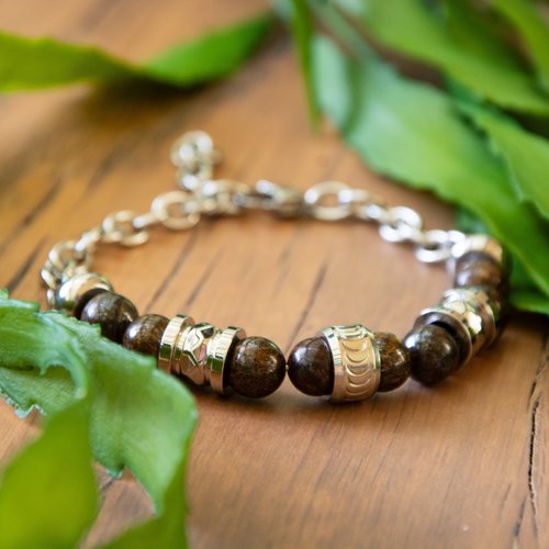 Bracelet bronzite et acier "thorin" 17-22 cm bijoux homme assembler mains (a759)