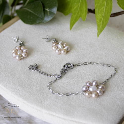 Parure acier et perles d'eau douce 18 cm bijoux femme assembler mains (a393)