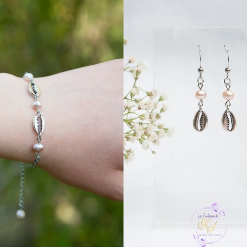 Parure acier et perles d'eau douce 16,5 cm bijoux femme assembler mains (a380)