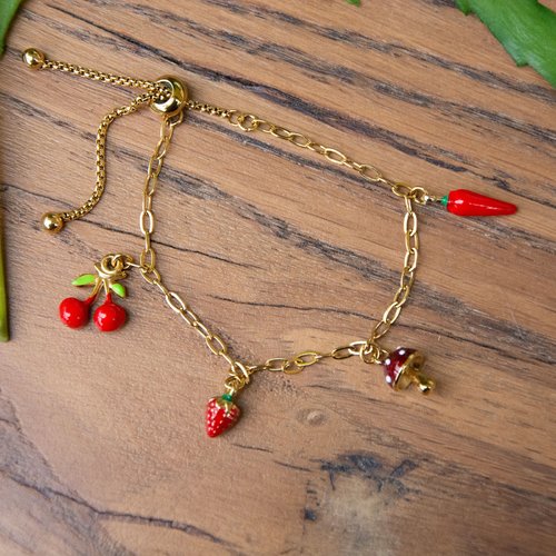 Bracelet "gourmandise" acier 304l/316l et résine 14,6 cm bijoux femme assembler mains (a880)