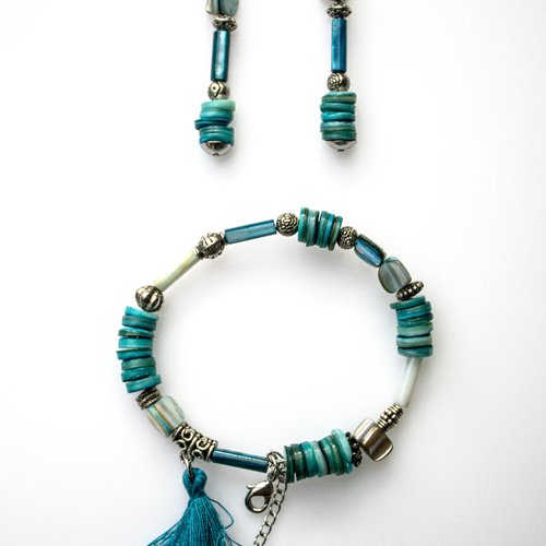 Parure coquillage et acier inox "lagonya" bracelet mémoire 57 mm bijoux femme assembler mains (563)