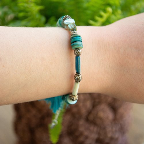 Parure "lagonya" code : destock50 acier inox et coquillage bleu 57 mm bijoux femme assembler mains (563)