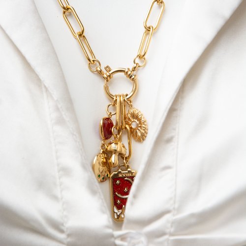 Collier multi-breloques pierre fine et acier doré "talisman" 57 cm bijoux femme assembler mains (a879)