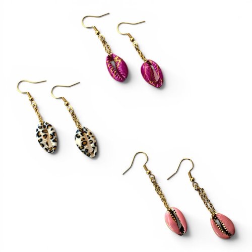 Boucles d'oreilles coquillage et acier inox "cauri" 52 mm bijoux femme assembler mains (a205)