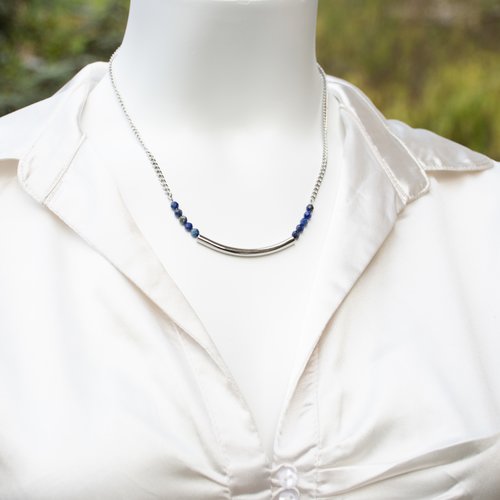 [déstockage -50%] collier acier inoxydable et lapis lazuli 46 cm "perrina" grand déstockage 50% assembler mains (a548)