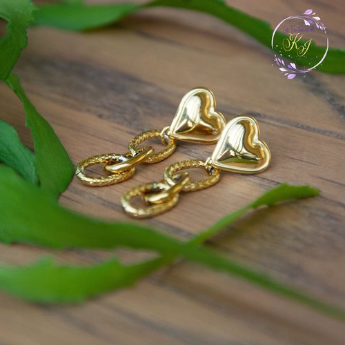 Boucles d'oreilles acier inoxydable pvd or 18k 45 mm "golden heart" assembler mains (a878)