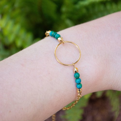 Bracelet acier inoxydable doré et chrysocolle 18 cm "celesta" assembler mains (a532)