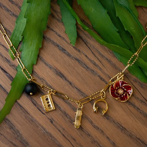 Collier rétro années 80 45 cm "upside vibes" acier inoxydable doré bijoux femme assembler mains (a874)