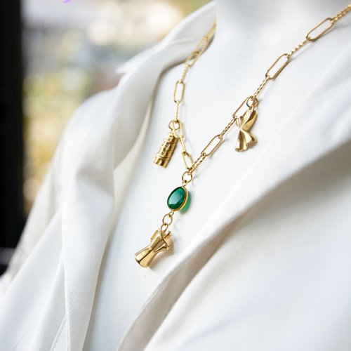 Collier "roma" acier 316l et agate verte 45 cm bijoux femme assembler mains (a870)