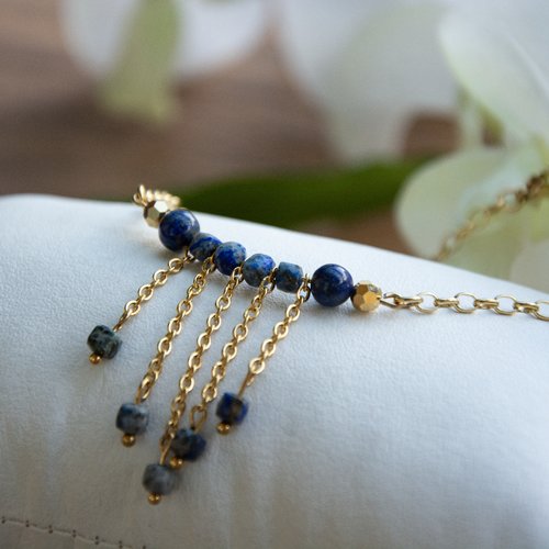Collier "lucinda" code : destock50 acier 316l, lapis-lazuli et or 24k 38 cm bijoux femme assembler mains (a620)