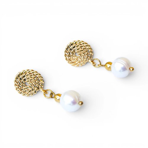 ​clous d’oreilles "avaluna" perles d’eau douce et or fin 30 mm bijoux femme assembler mains (a677)