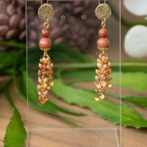 ​boucles d’oreilles "pascalina" acier inox et goldstone 60 mm bijoux femme assembler mains (a531)