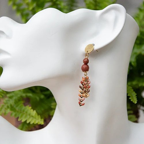 ​boucles d’oreilles "pascalina" acier inox et goldstone 60 mm bijoux femme assembler mains (a531)