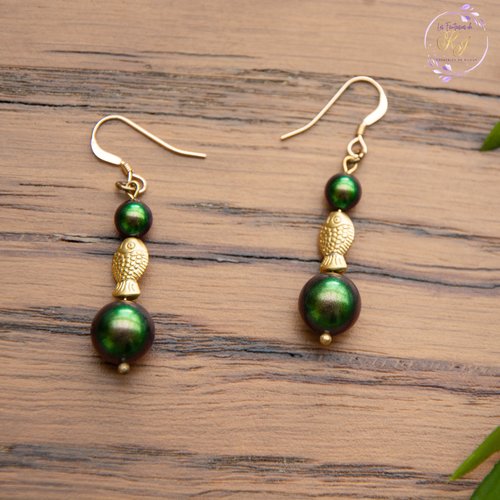 Boucles d'oreilles "naïade" poisson et cristal autrichien 46 mm bijoux femme assembler mains (a213)