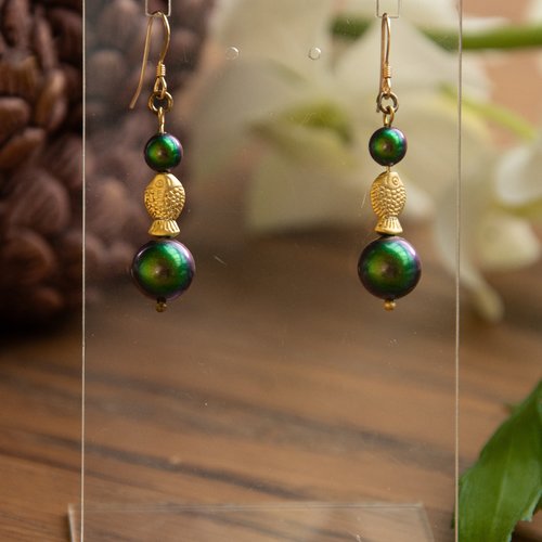 Boucles d'oreilles "naïade" poisson et cristal autrichien 46 mm bijoux femme assembler mains (a213)