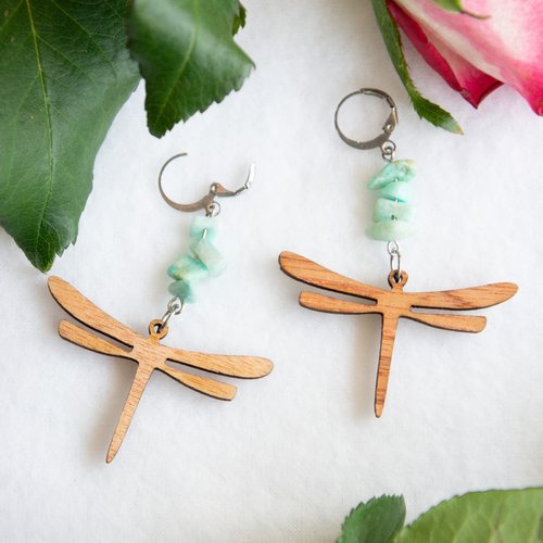 [déstockage -60%] boucles d’oreilles “azuria” acier 316l bois et amazonite grand déstockage 50%  bijoux femme assembler mains (655)