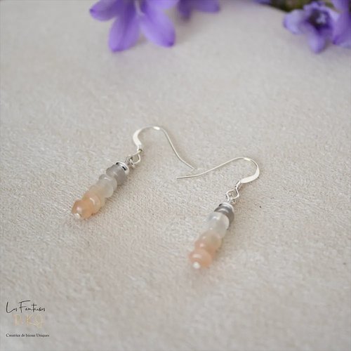 Boucles d'oreilles "kristina" argent 925 et pierre de lune 35 mm bijoux femme assembler mains (a623)