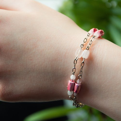 Bracelet "calixta" double chaîne acier et quartz rose 17-22,5 cm bijoux femme assembler mains (a864)