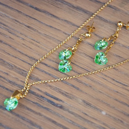 Parure "coeur peridot" code : destock50 acier 316l et cristal autrichien 45 cm bijoux femme assembler mains (998