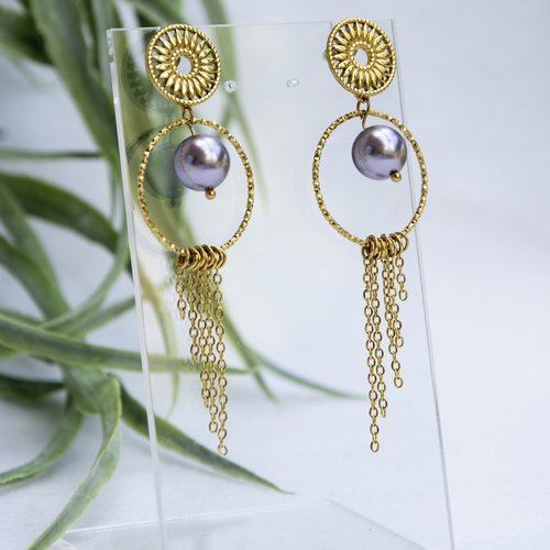 Boucles d’oreilles "douceur mauve" acier doré et perles de cristal 71 mm bijoux femme assembler mains (a863)