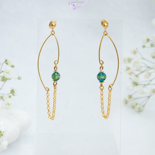 Boucles d’oreilles "aquamarina" acier doré et verre de murano 65 mm bijoux femme assembler mains (a860)