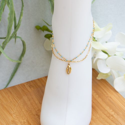 Bracelet de cheville "aylana" acier doré 316l et résine 24,8 cm bijoux femme assembler mains (a854)