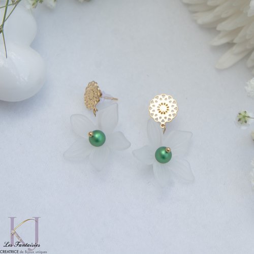 Boucles d'oreilles "kalia" acier doré 18k/24k et cristal givré matière synthétique35 mm bijoux femme assembler mains