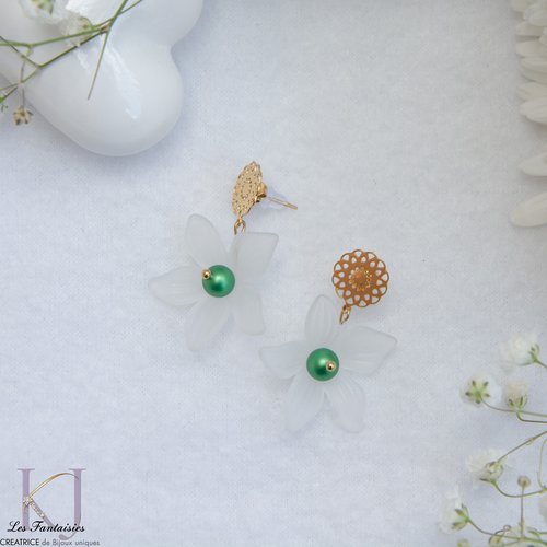 Boucles d'oreilles "kalia" code : destock50 acier pvd et nacre 3.5 cm bijoux femme assembler mains (a855)