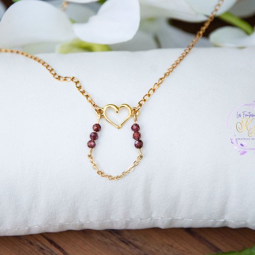 Collier "aleena" or fin et grenat naturel 43 cm bijoux femme assembler mains (a600)