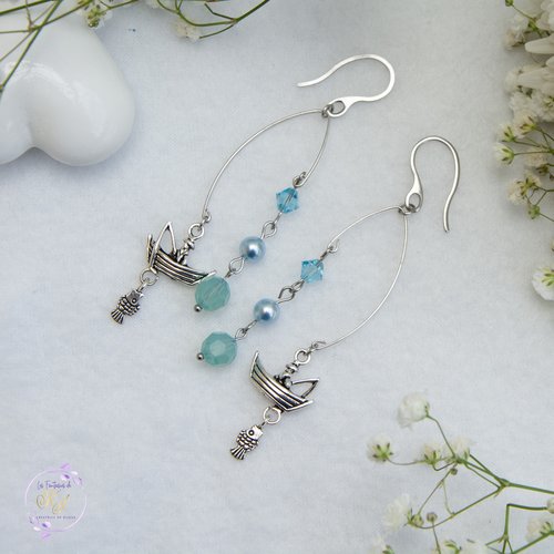 Boucles d'oreilles "azulia" acier inox et perles de cristal 88 mm bijoux femme assembler mains (a841)