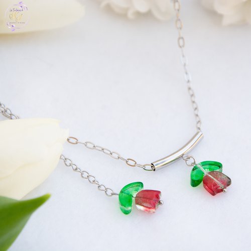 Collier "primavera" acier 316l et verre 40 cm bijoux femme assembler mains (a829)