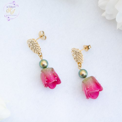 Clous d'oreilles "floriana" acier inox et cristal 34 mm bijoux femme assembler mains (a824)