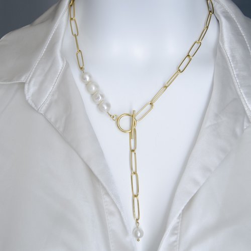 Collier "aura" acier inoxydable et perles d'eau douce 44 cm bijoux femme assembler mains (a405)