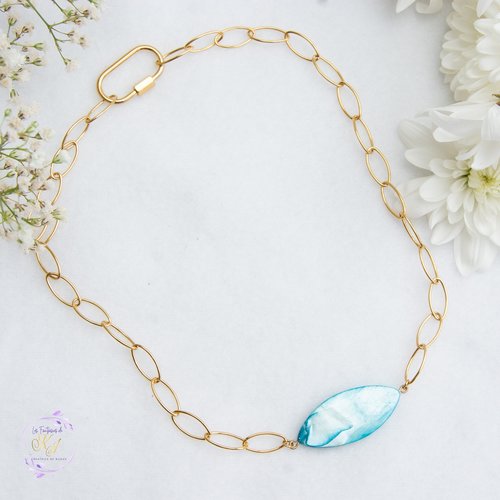 Collier "ondina" code : destock50 acier 316l et perle coquillage 45 cm bijoux femme assembler mains (a834)
