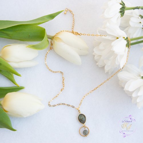 Collier "elara" acier inoxydable et labradorite 40 cm bijoux femme assembler mains (a832)