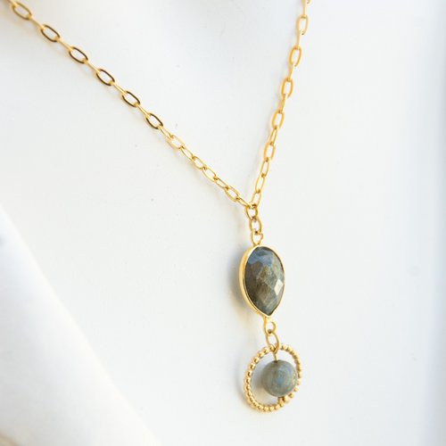 Collier "elara" code : destock50 acier 316l et labradorite 40 cm bijoux femme assembler mains (a832)