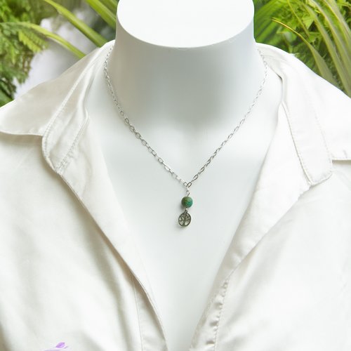 Collier "kalimba" acier inoxydable et turquoise africaine 40 cm bijoux femme assembler mains (a825)