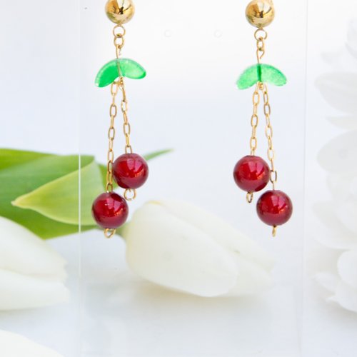 Boucles d'oreilles "amarena" acier 316l doré et perles 59 mm bijoux femme assembler mains (a835)