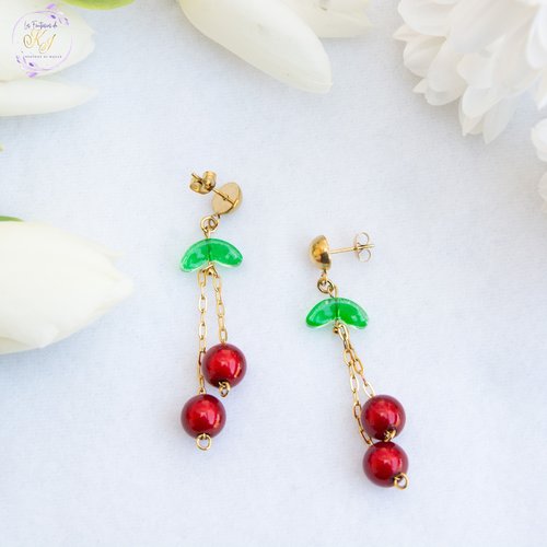 Boucles d'oreilles "amarena" code : destock50 acier 316l et perles magiques 59 mm bijoux femme assembler mains (a835)