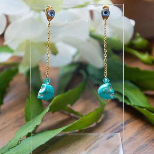 Boucles d’oreilles "hermione" acier inoxydable or fin 24k et imitation howlite 58 mm bijoux femme assembler mains (a866)