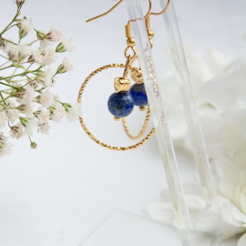 Boucles d'oreilles "meleana" acier 316l et lapis-lazuli 46 mm bijoux femme assembler mains (a819)